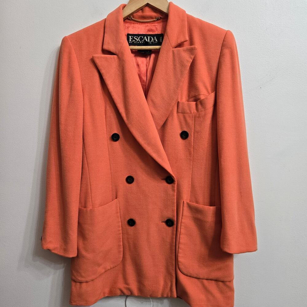 Vintage 90s Escada Women's Coral Orange Double-Breasted  Blazer Wool Blend